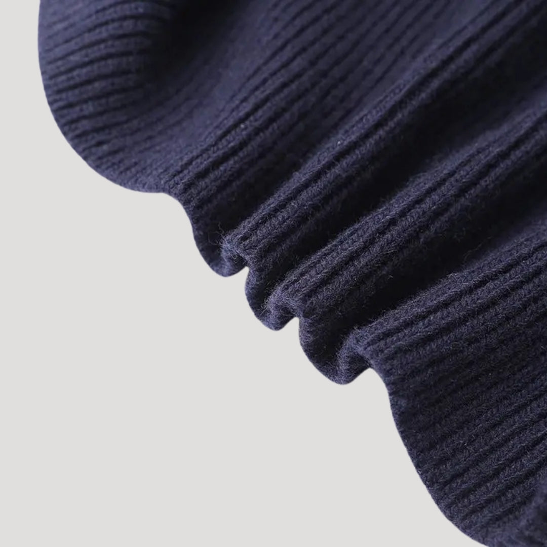 Women’s navy knit cardigan with denim trim