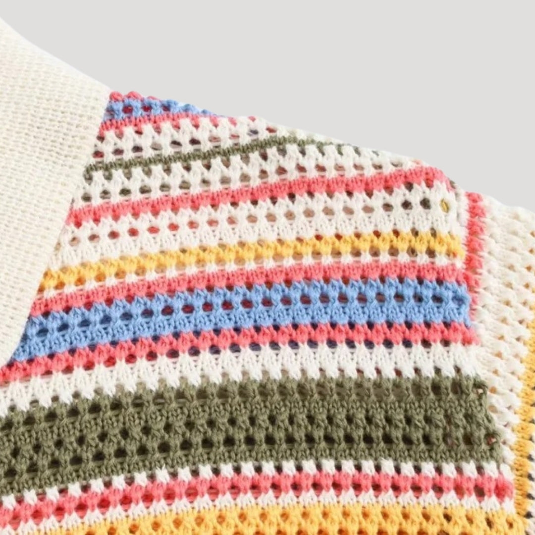 Striped crochet knit short-sleeve cardigan