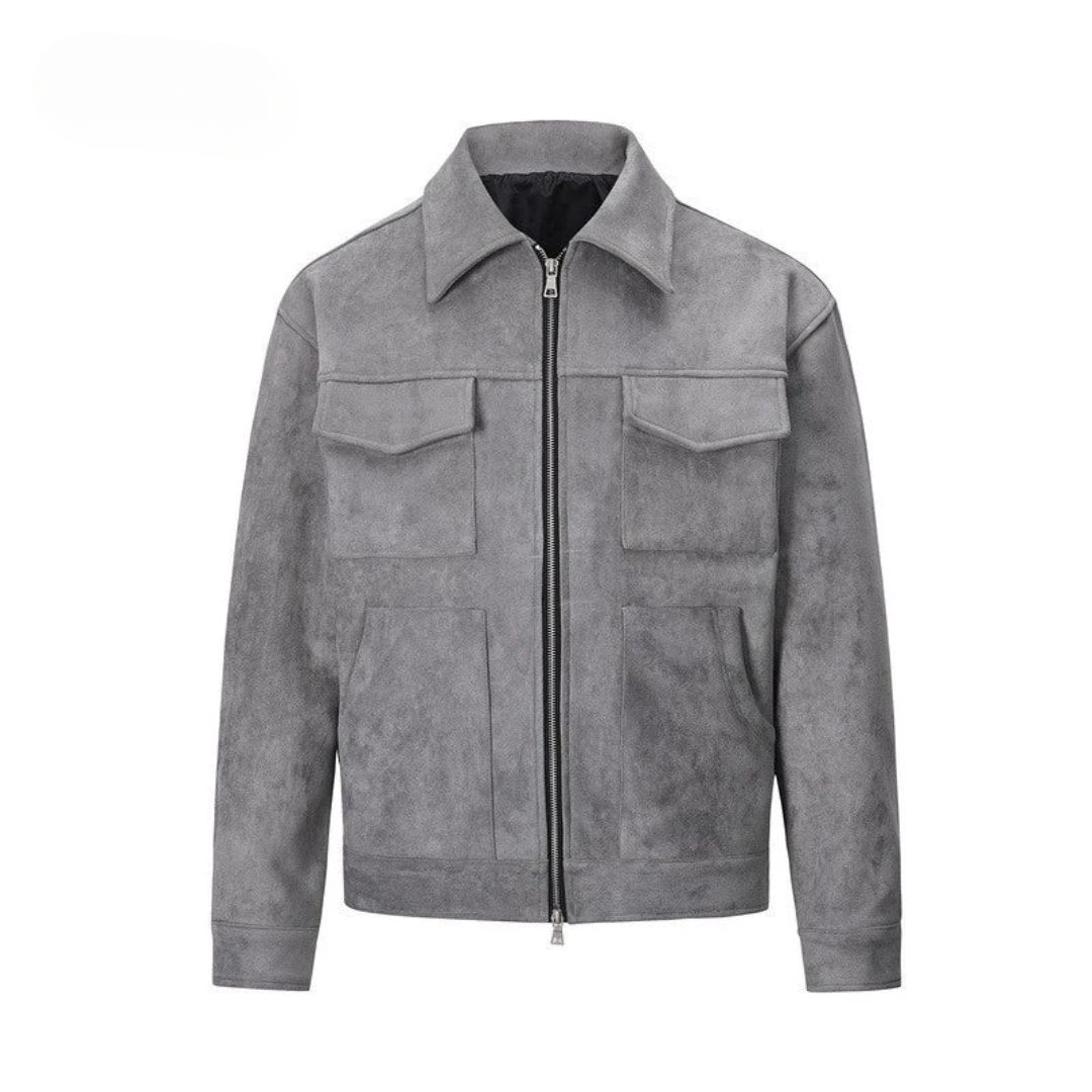 Men’s Premium Suede Cargo Jacket – Modern Grey Streetwear