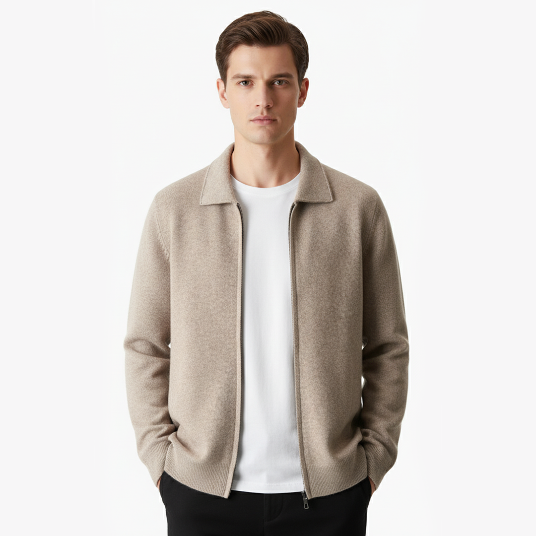 Men’s Zip-Up Knitted Cardigan – Soft Wool Blend with Classic Collar