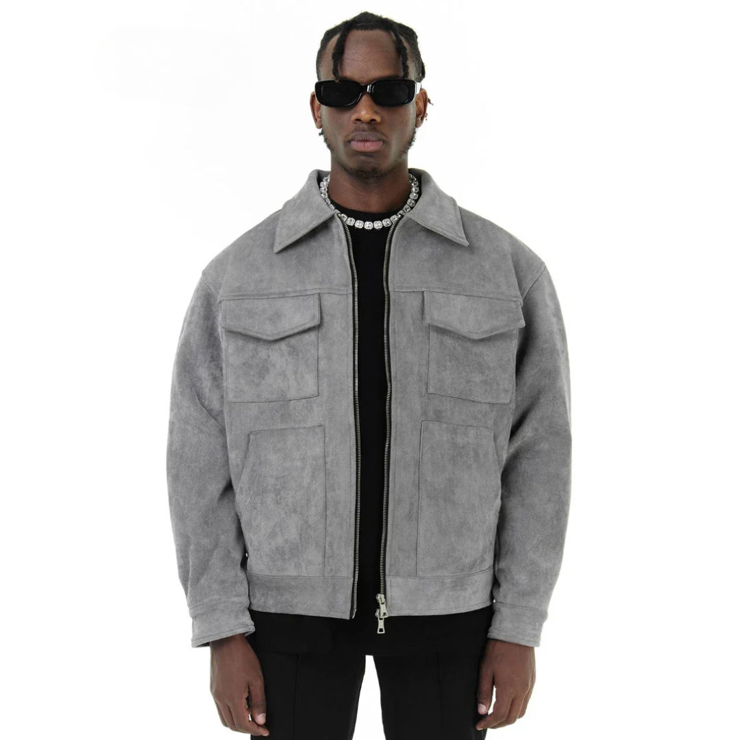 Men’s Premium Suede Cargo Jacket – Modern Grey Streetwear