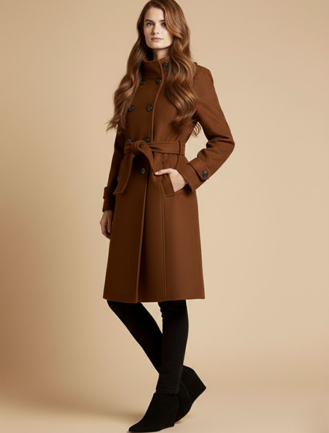 Elegant Double-Breasted Belted Long Coat – Timeless & Structured