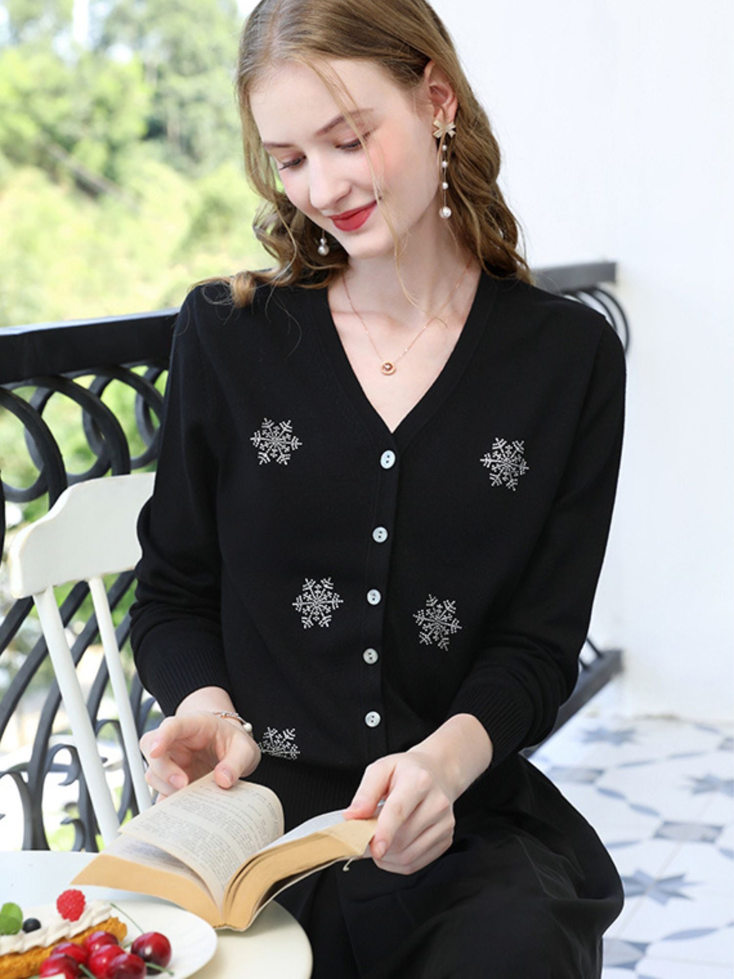 V-Neck Cardigan with Snowflake Embellishments