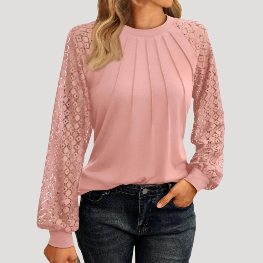 Blush Pink Blouse with Lace Sleeves & Pleated Front