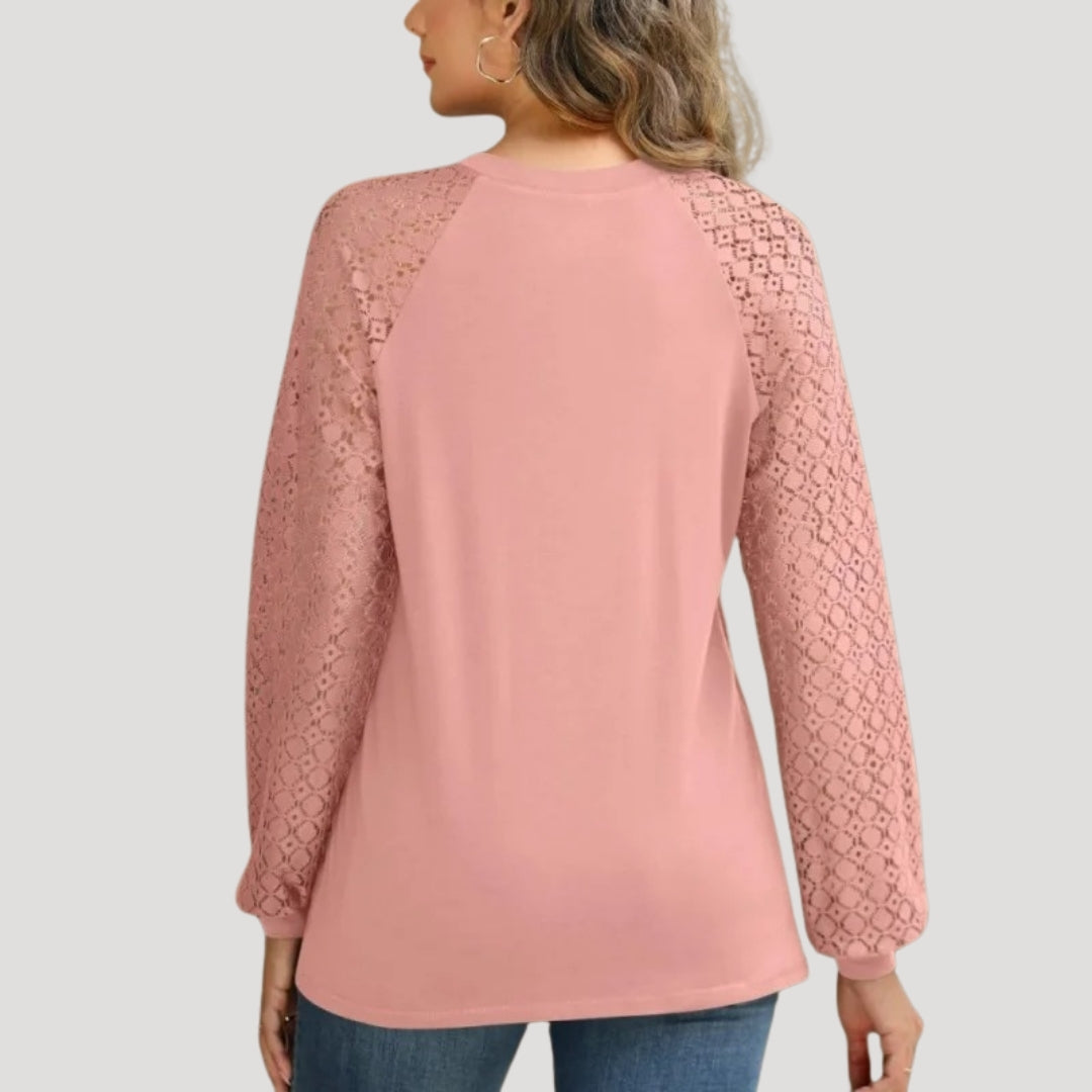 Blush Pink Blouse with Lace Sleeves & Pleated Front