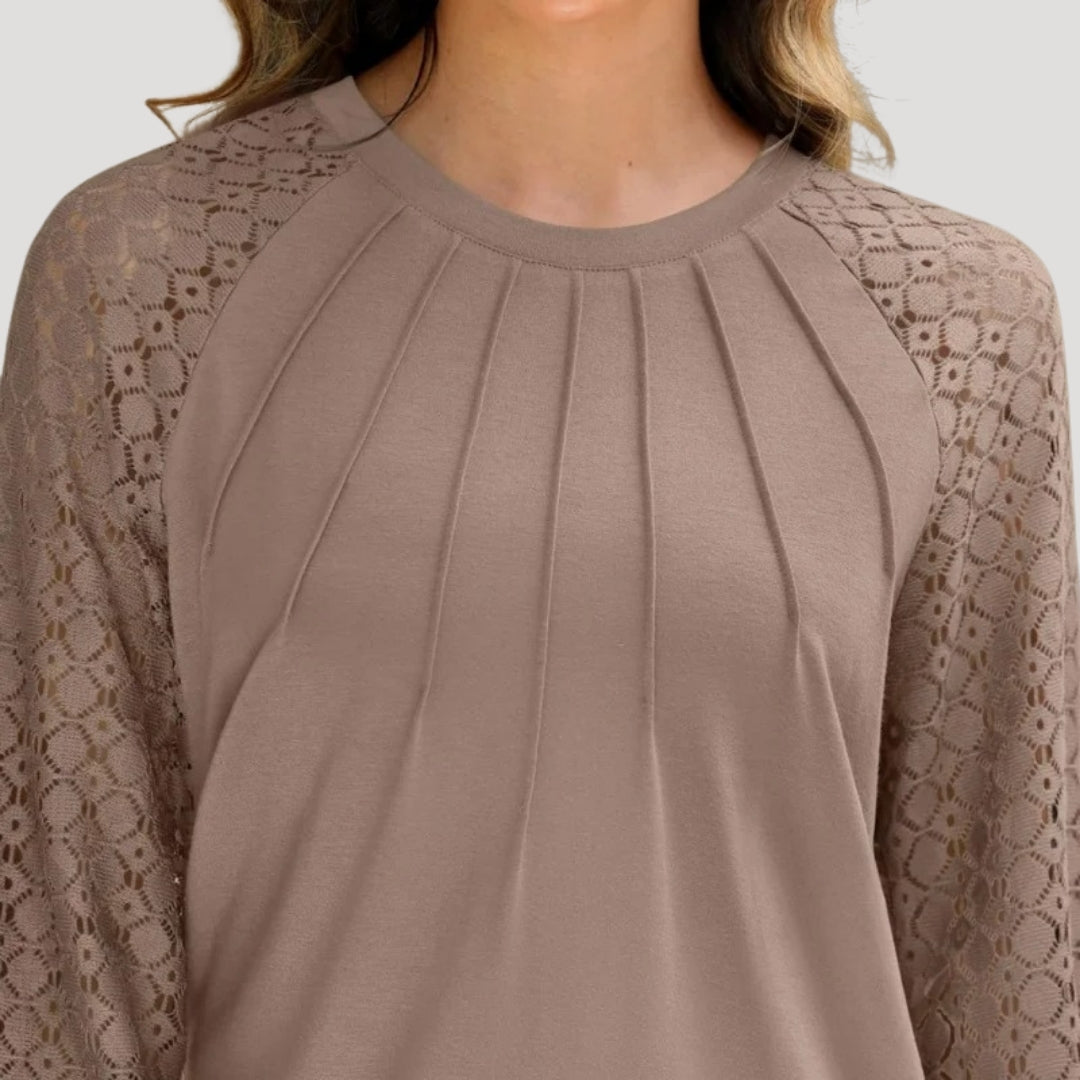 Blush Pink Blouse with Lace Sleeves & Pleated Front