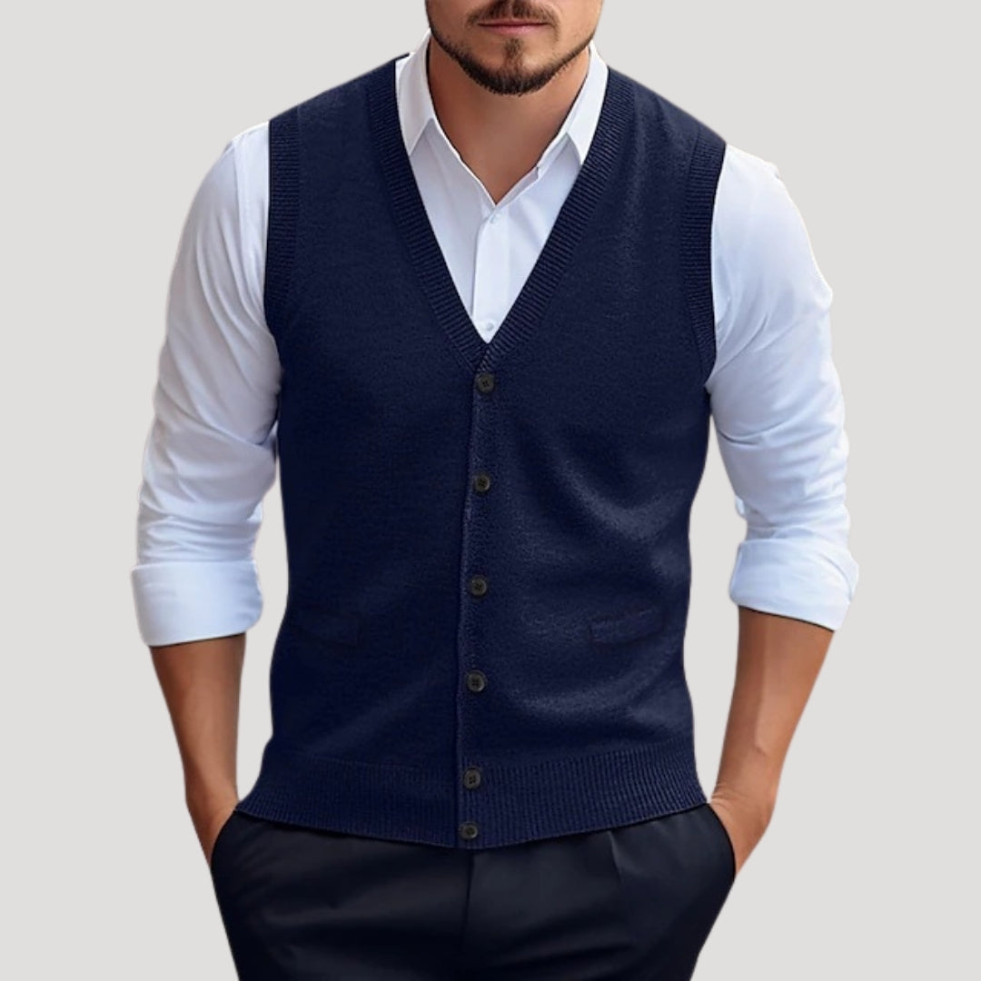 Men’s Classic Knitted Button-Up Vest – Smart Casual Sleeveless Sweater