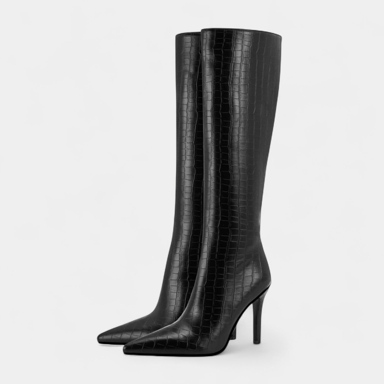 Women’s Croc-Effect Knee-High Boots – Pointed Toe, High Heel