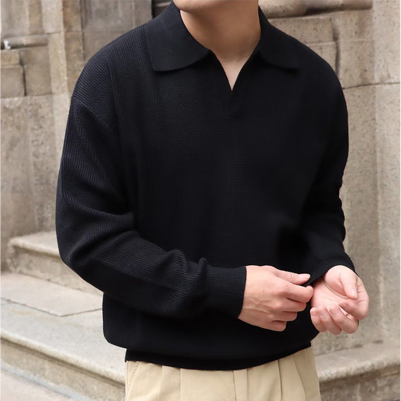 Men’s Knitted Polo Sweater – Lightweight Soft Cotton Blend Long Sleeve