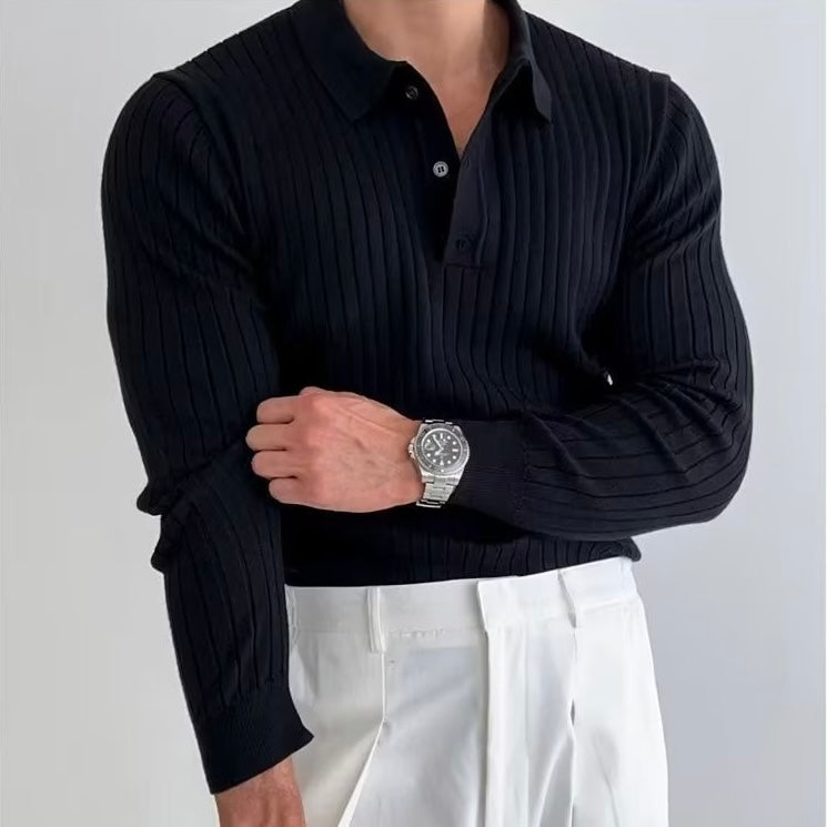 Men’s Ribbed Knit Polo – Slim Fit Long Sleeve Smart Casual Shirt