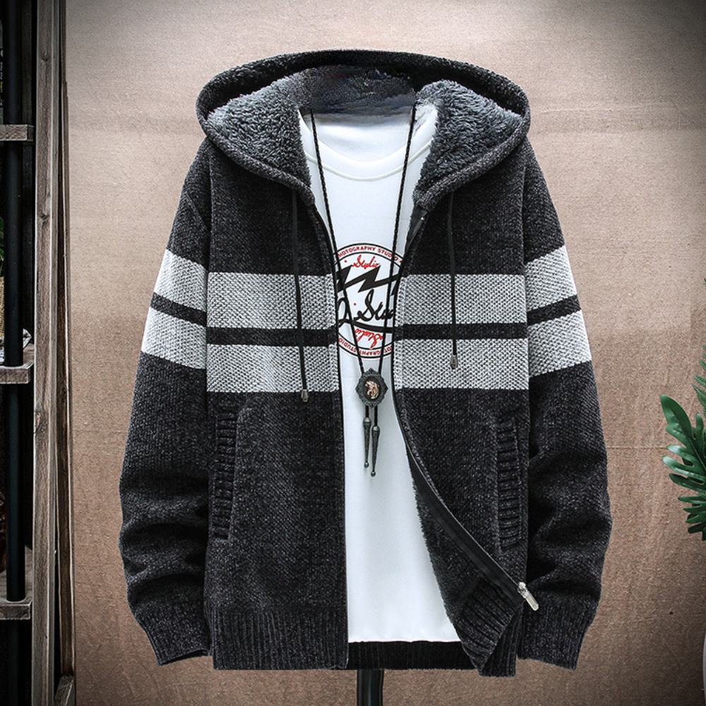 Men's Fleece-Lined Zip Hoodie with Drawstring Hood and Striped Design
