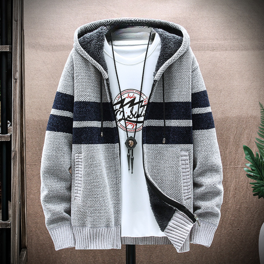 Men's Fleece-Lined Zip Hoodie with Drawstring Hood and Striped Design