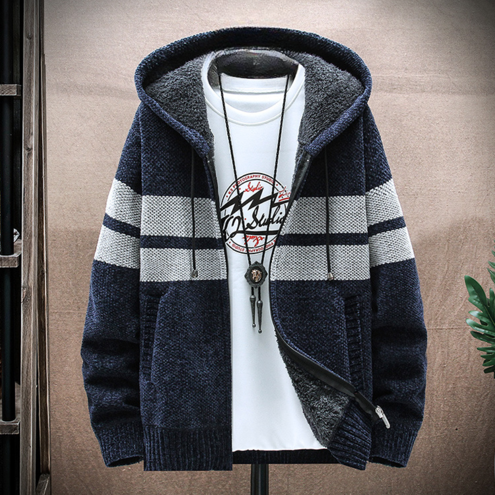 Men's Fleece-Lined Zip Hoodie with Drawstring Hood and Striped Design