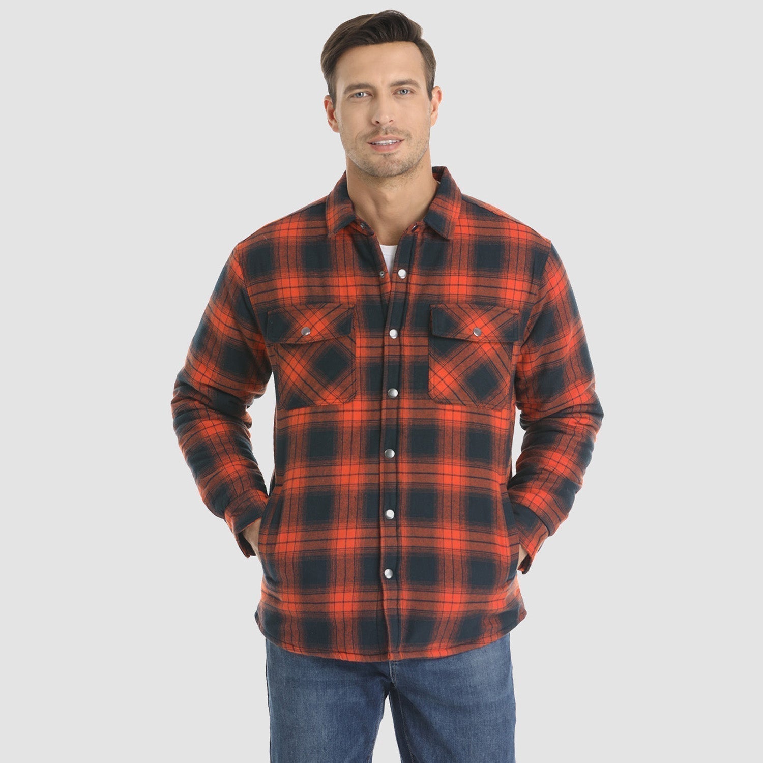 Men’s Quilted Flannel Overshirt – Thick Fleece-Lined Check Jacket for Cold Weather