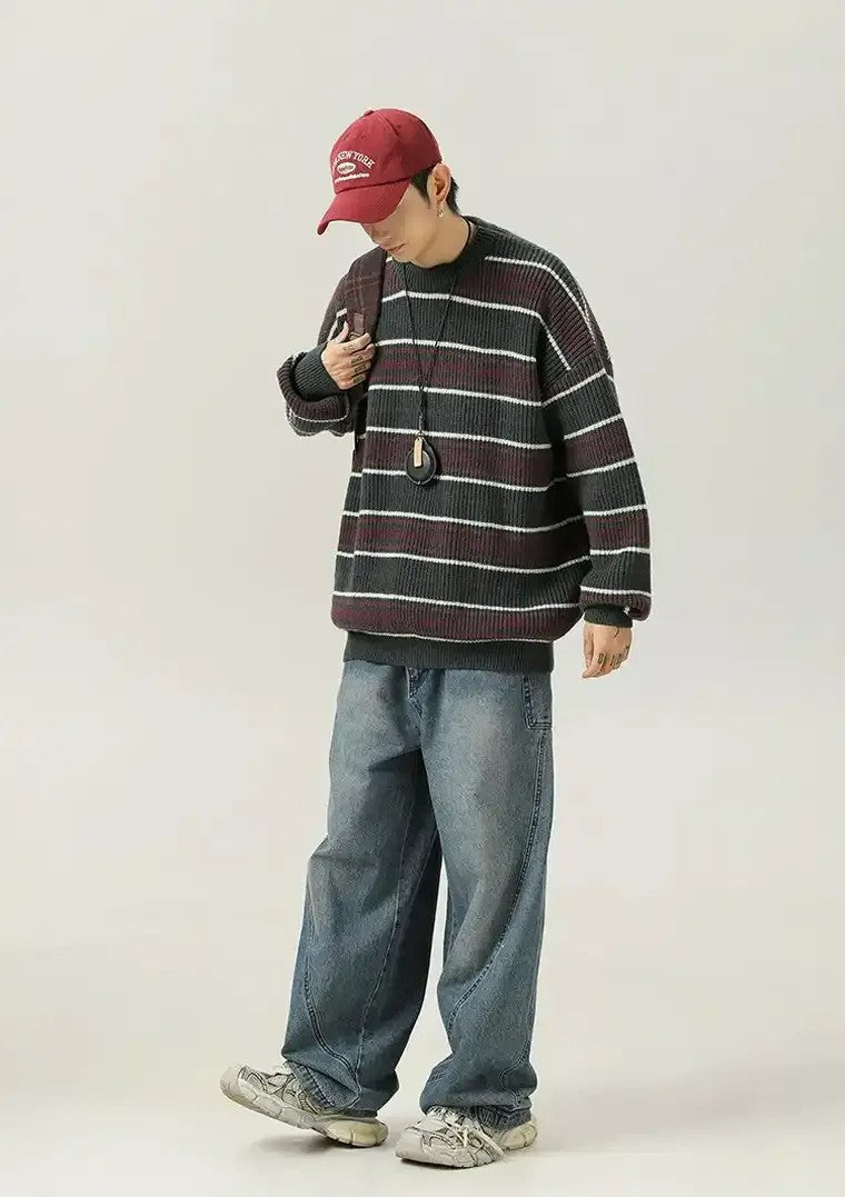 Men’s Oversized Vintage Striped Knit Sweater – Streetwear Autumn/Winter Pullover