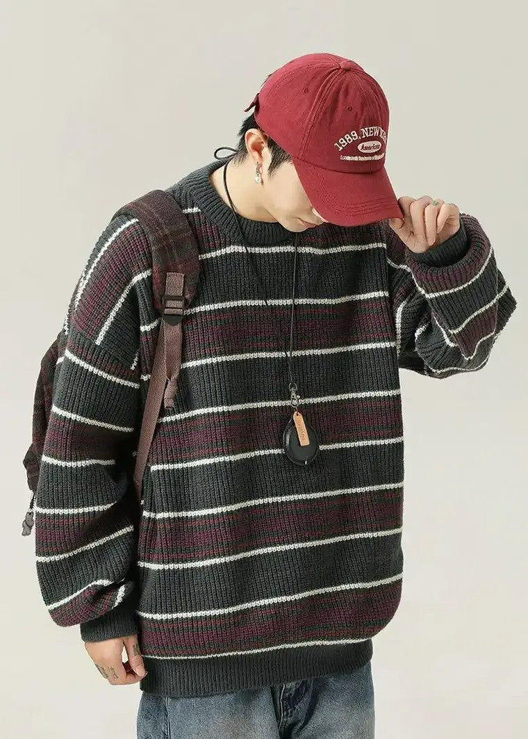 Men’s Oversized Vintage Striped Knit Sweater – Streetwear Autumn/Winter Pullover
