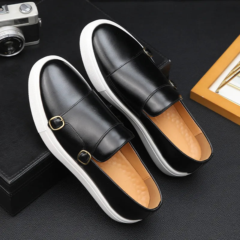 Men’s Luxury Leather Loafers – Double Buckle & White Sole Design