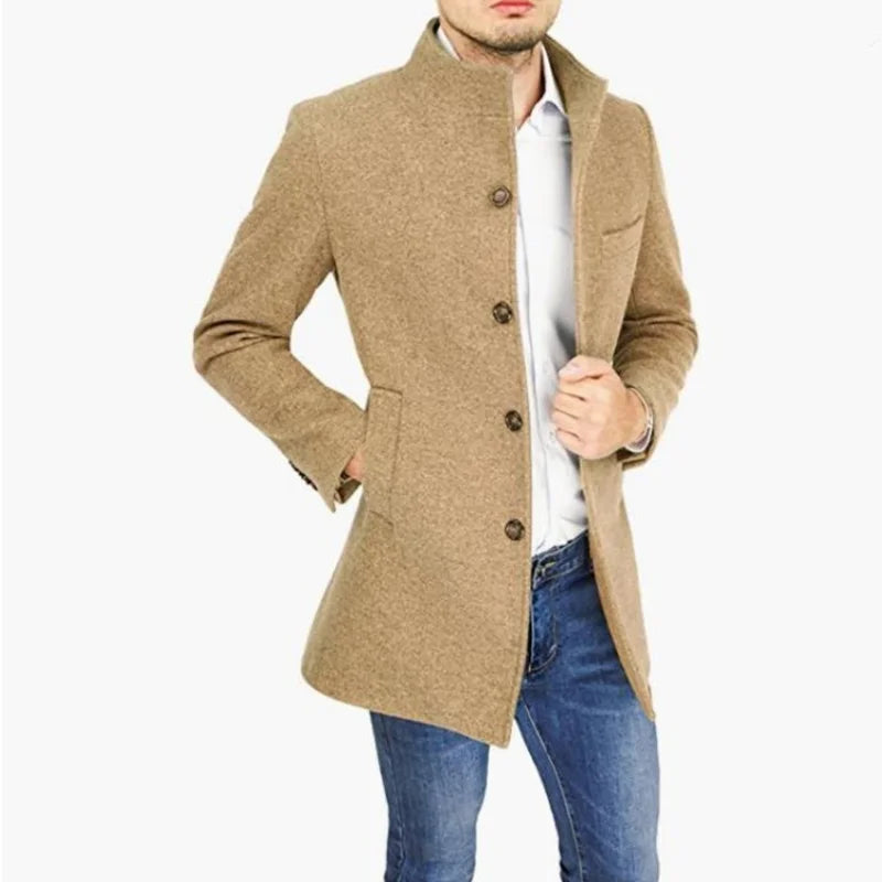 Men’s Slim Fit High-Neck Wool Blend Coat – Classic Camel Overcoat