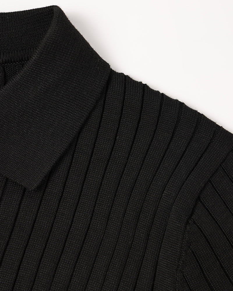 Men’s Ribbed Knit Polo – Slim Fit Long Sleeve Smart Casual Shirt