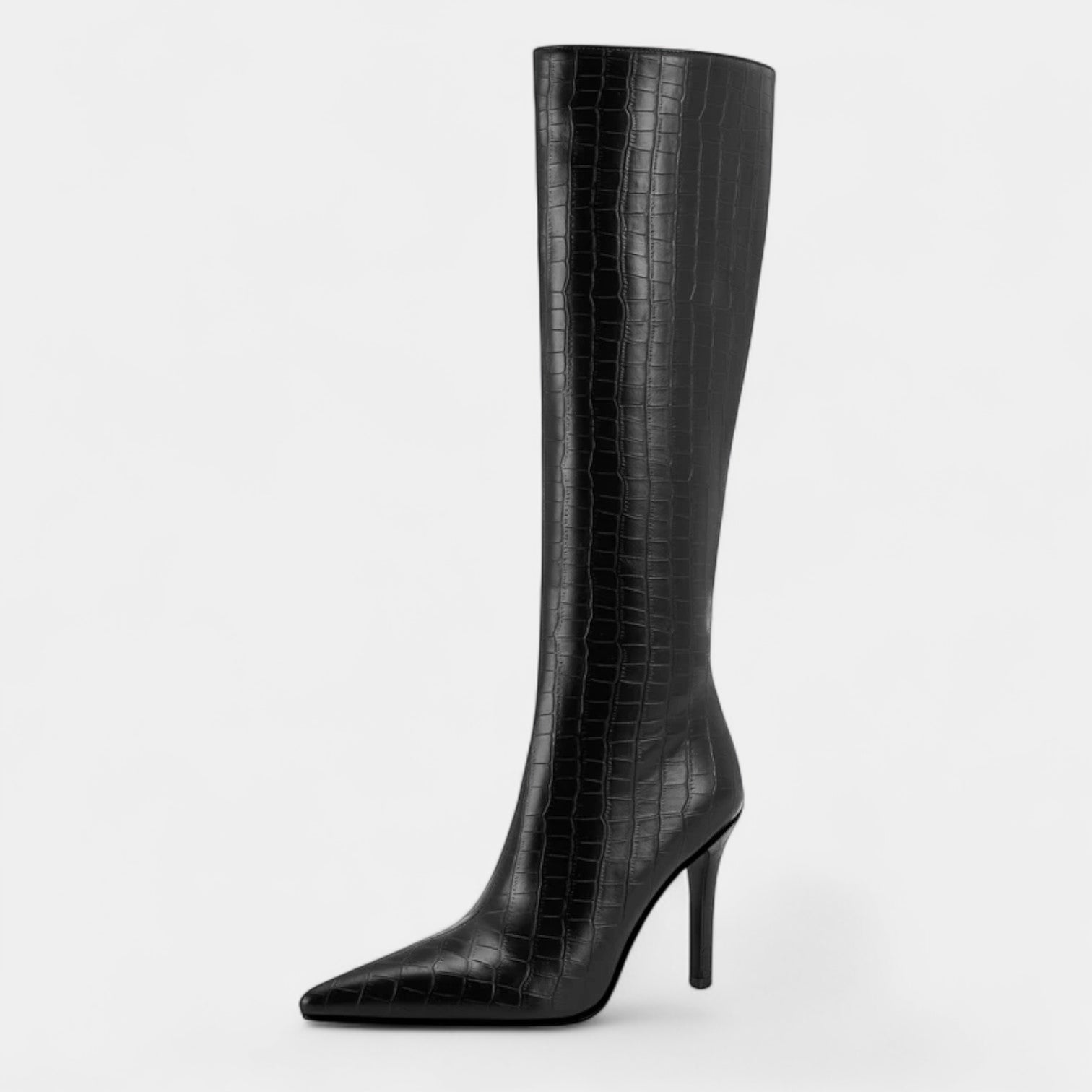 Women’s Croc-Effect Knee-High Boots – Pointed Toe, High Heel