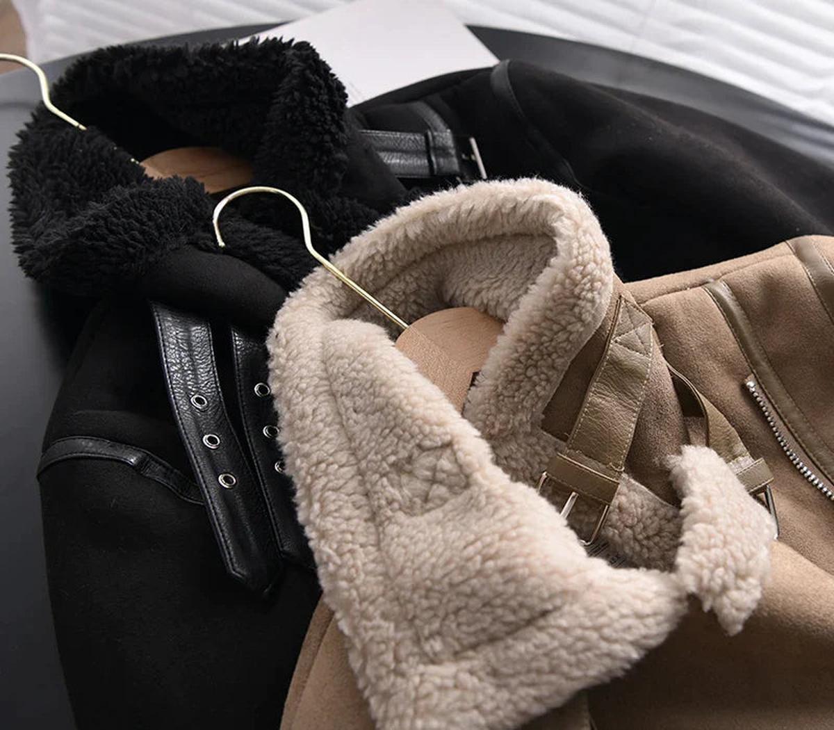 Women's Sherpa Lined Leather Jacket With Ribbed Cuffs