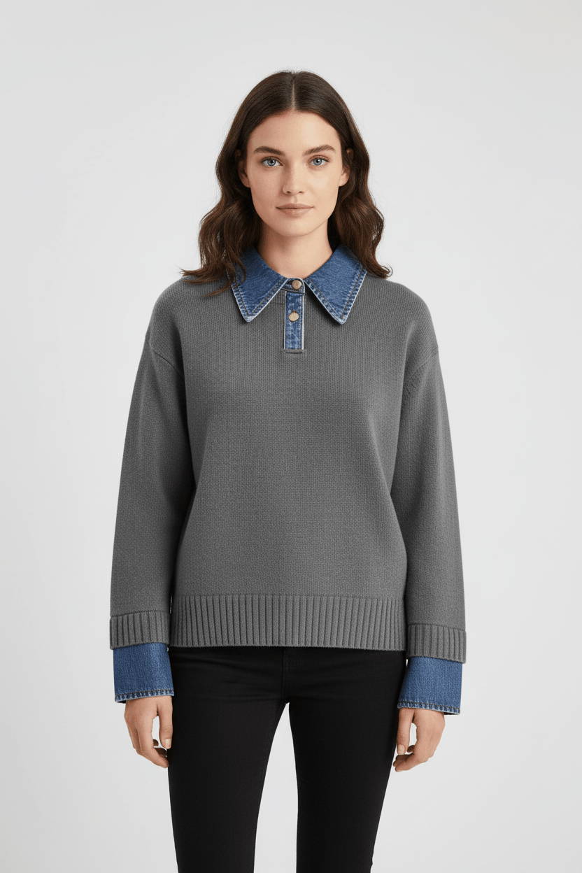 Women’s Relaxed Fit Knit Jumper with Denim Collar and Cuffs