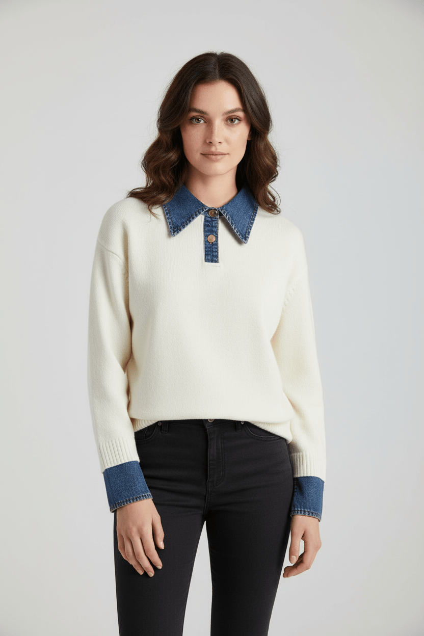 Women’s Relaxed Fit Knit Jumper with Denim Collar and Cuffs