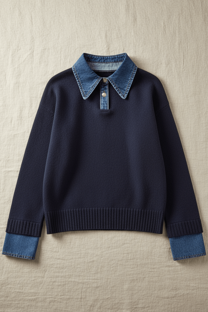 Women’s Relaxed Fit Knit Jumper with Denim Collar and Cuffs