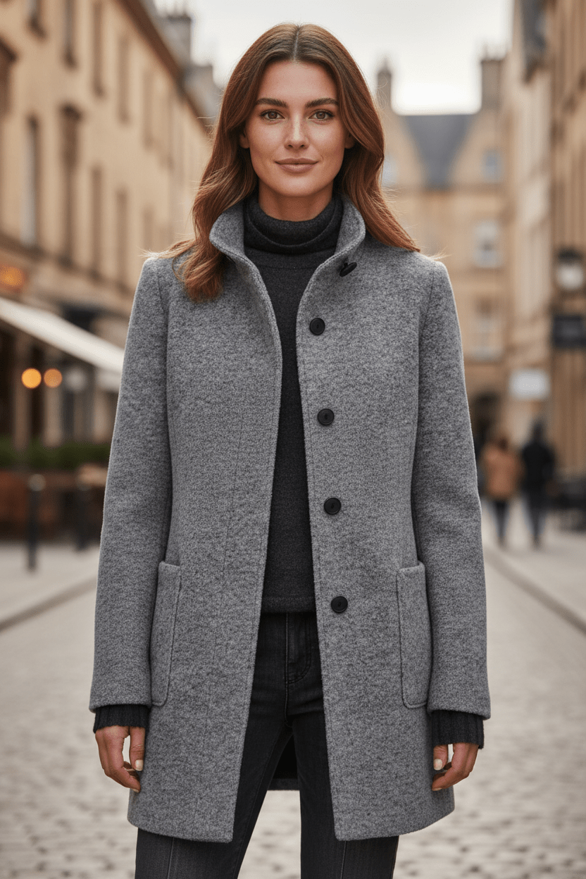 Elegant Stand-Collar Wool-Blend Coat – Timeless & Refined
