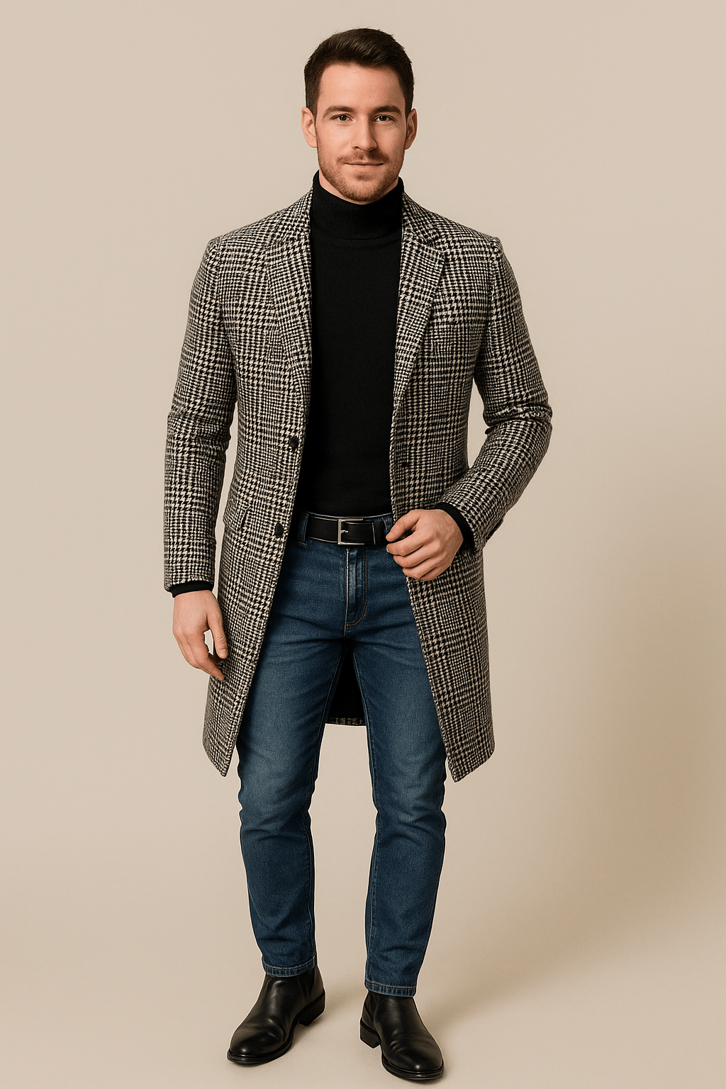Men’s Premium Wool-Blend Checked Overcoat – Classic Tailored Winter Coat