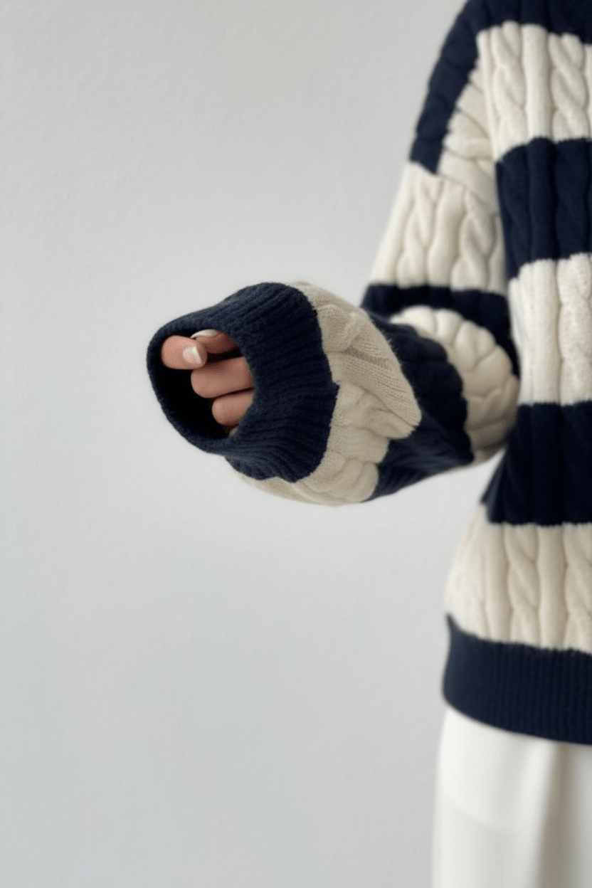 Striped Cable-Knit V-Neck Sweater – Soft, Stylish & Cosy Fit