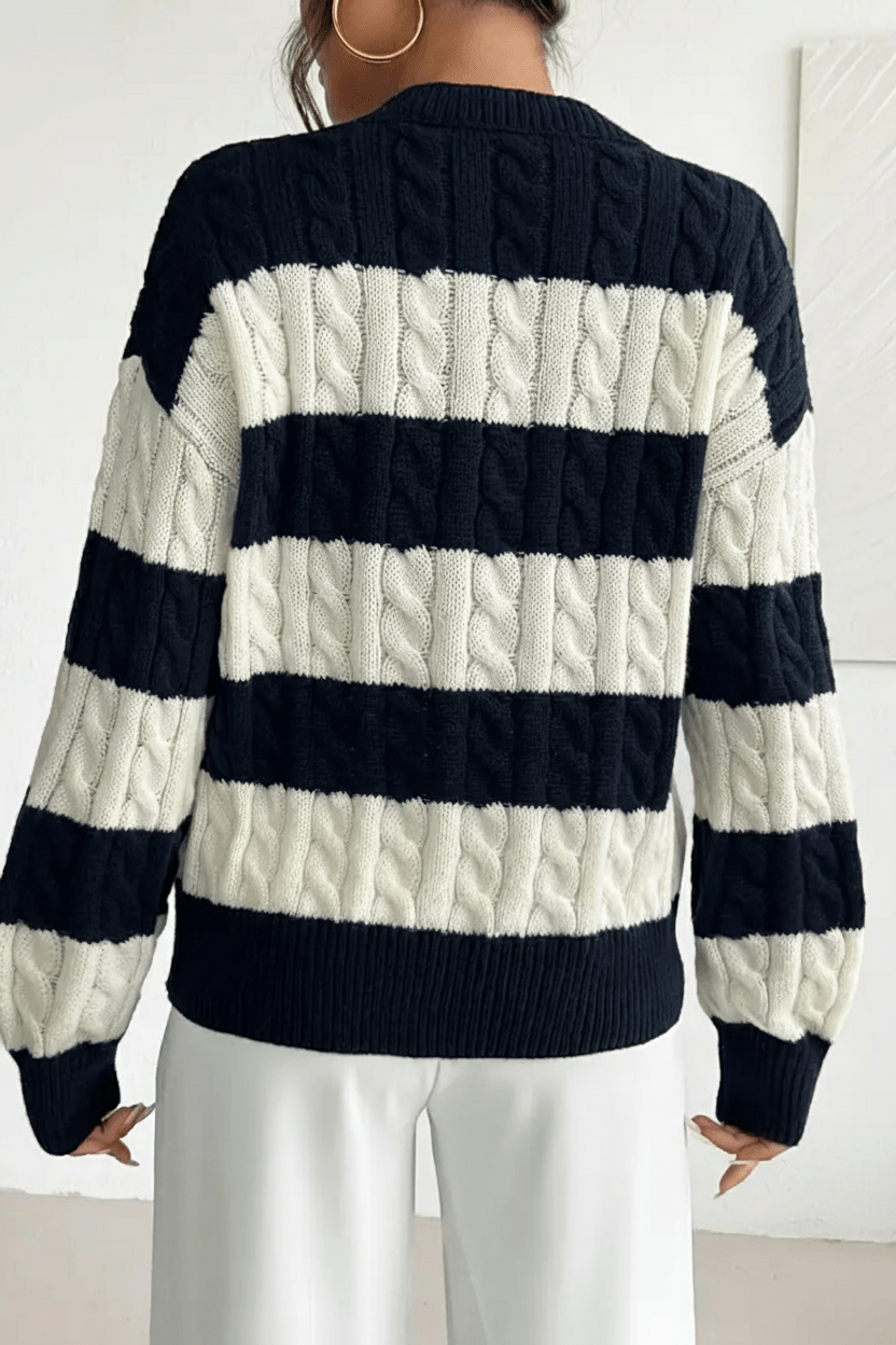 Striped Cable-Knit V-Neck Sweater – Soft, Stylish & Cosy Fit