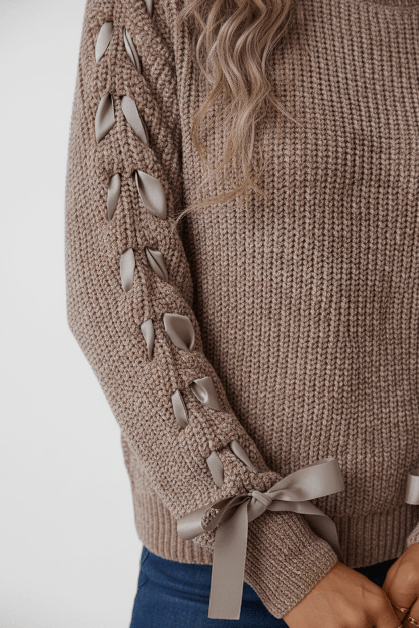 Women’s Relaxed Fit Ribbed Jumper with Lace-Up Sleeves