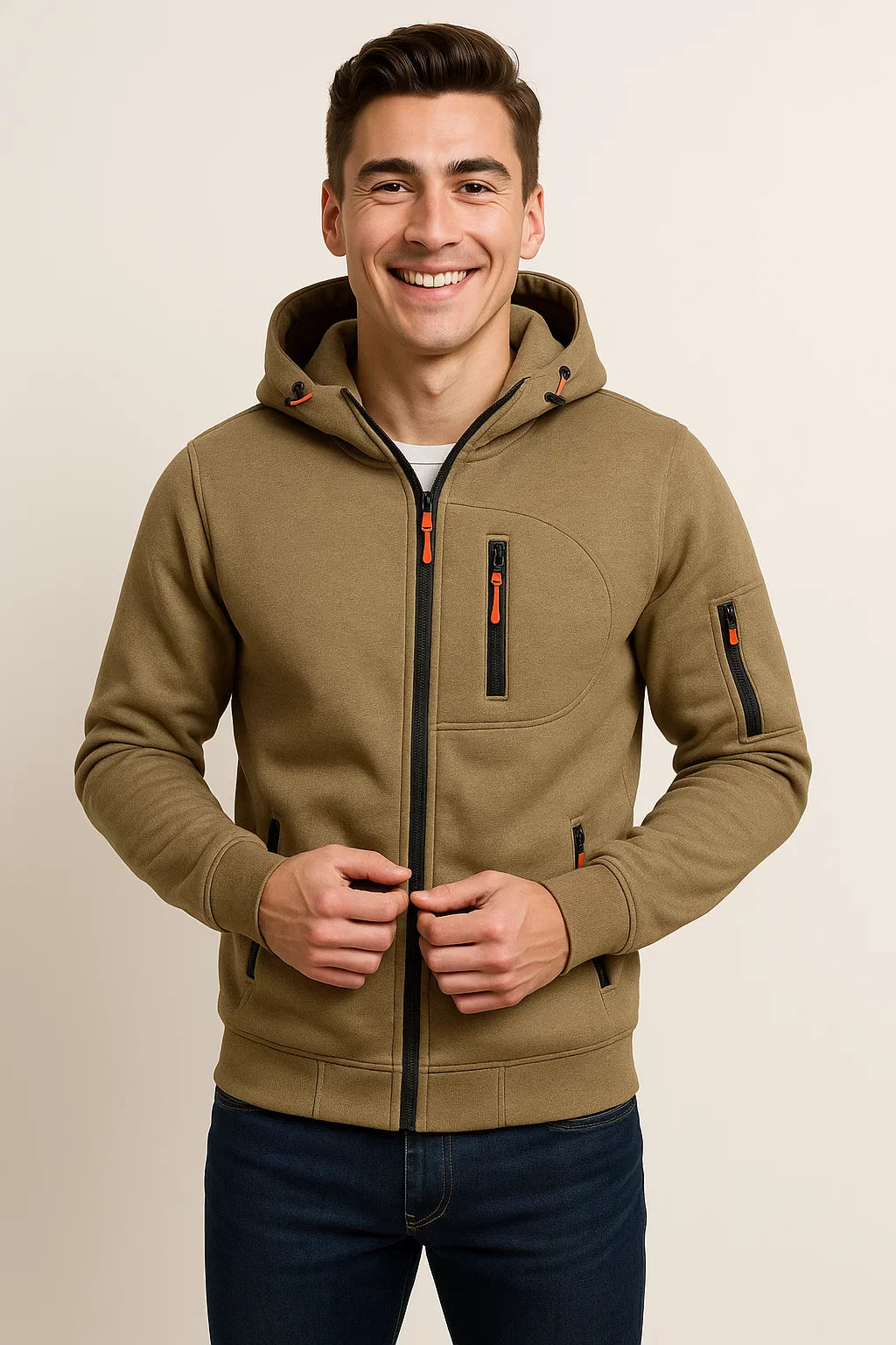 Men's Zip Hoodie with Multiple Pockets and Contrast Zipper Detail