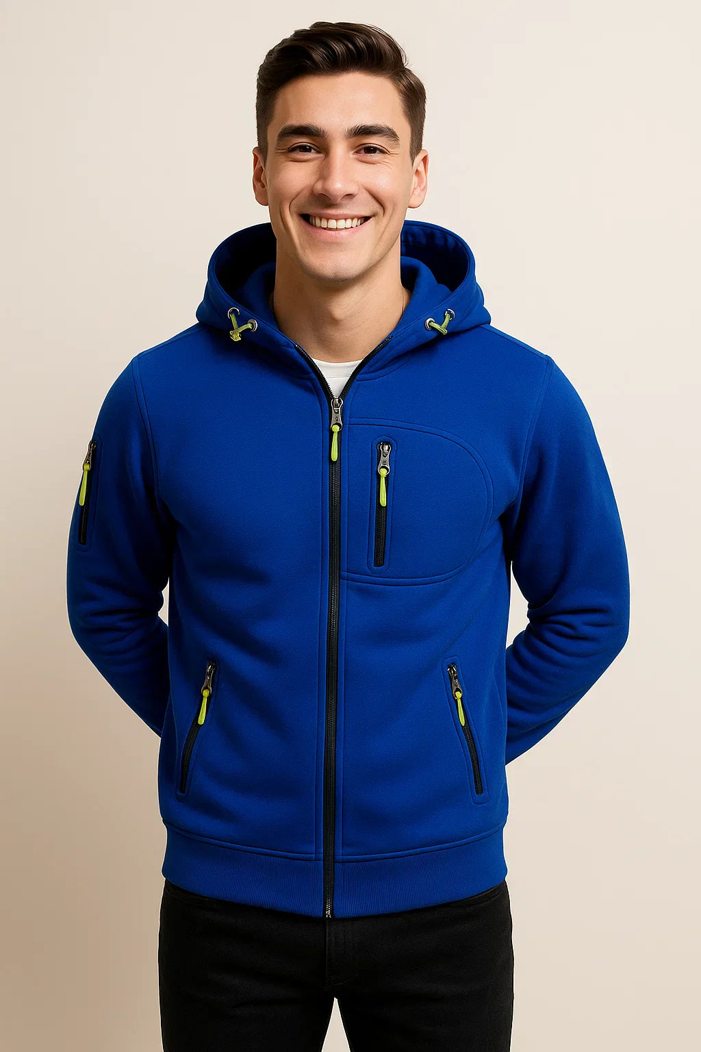 Men's Zip Hoodie with Multiple Pockets and Contrast Zipper Detail