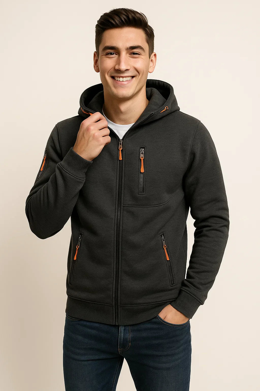 Men's Zip Hoodie with Multiple Pockets and Contrast Zipper Detail