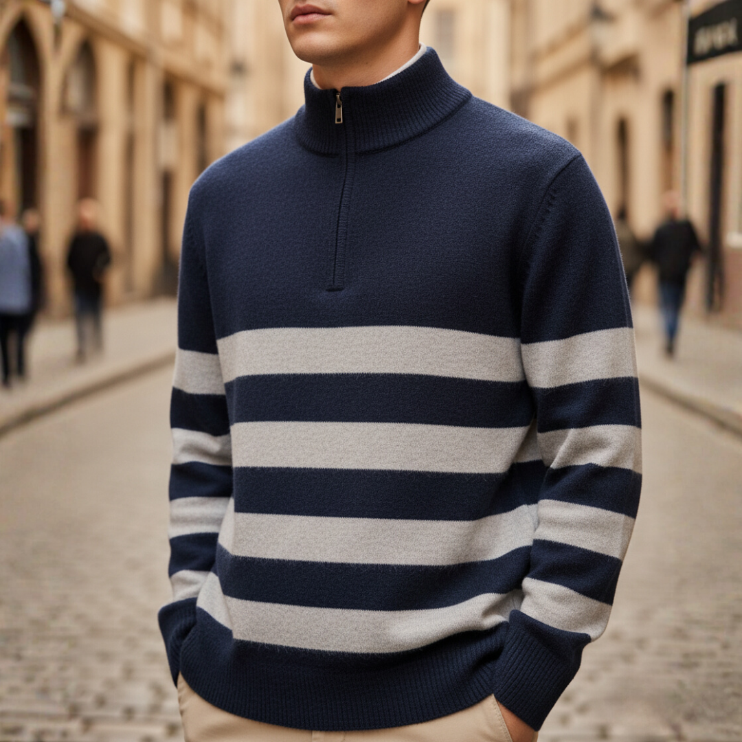 Cambridge Striped Half-Zip Knit – Navy & Stone