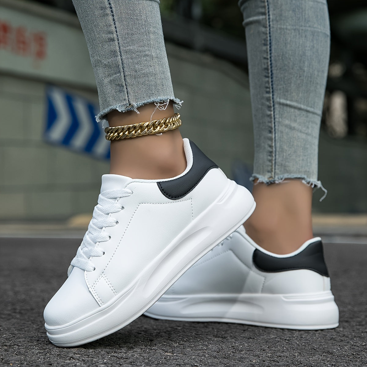 Women’s Classic White Sneakers – Black Heel Edition