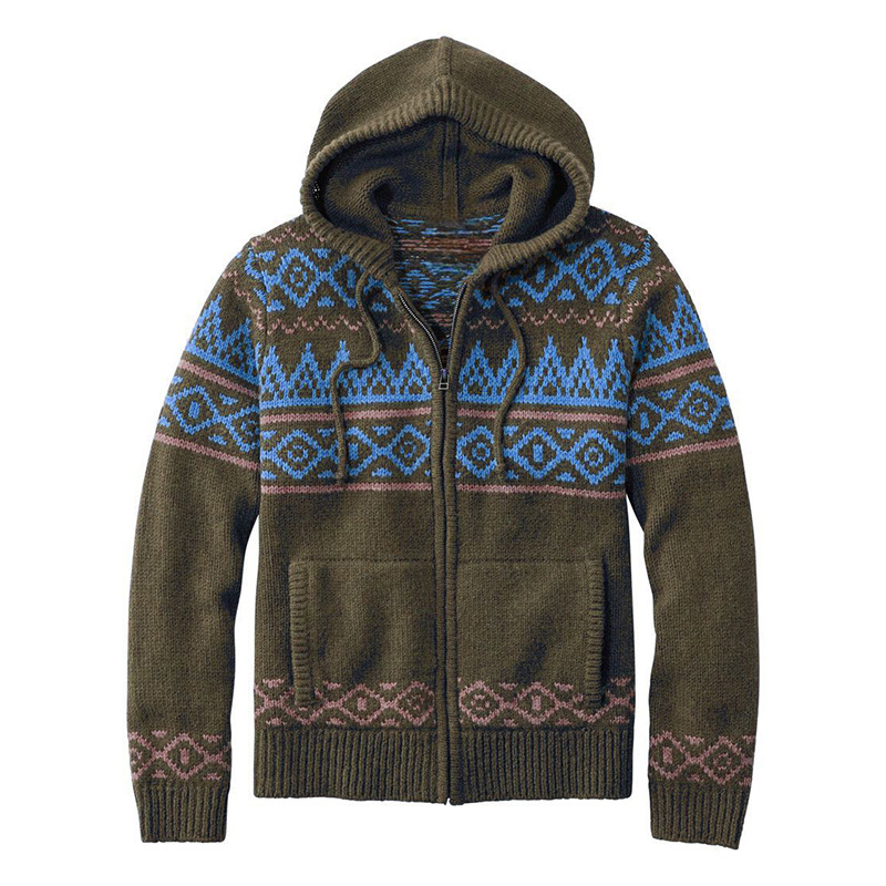 Men's Knitted Zip Hoodie Cardigan with Nordic Pattern Design