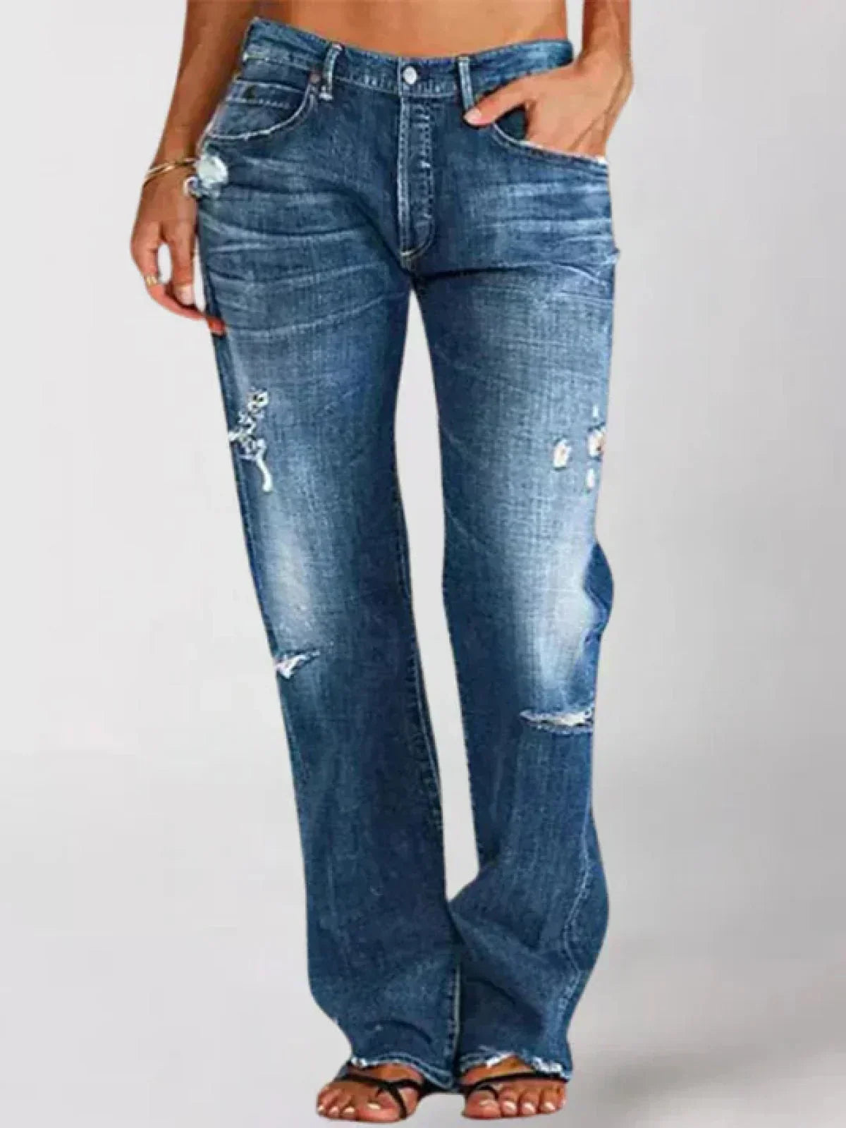 High-Waisted Straight-Leg Distressed Jeans