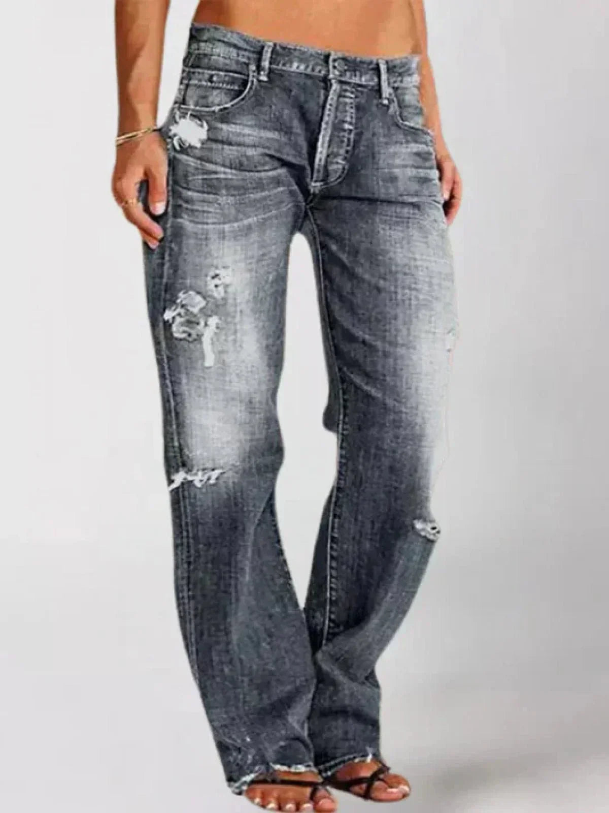 High-Waisted Straight-Leg Distressed Jeans