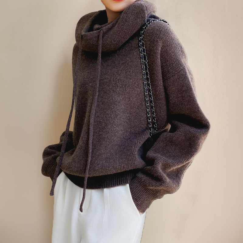 Oversized Knitted High-Neck Hoodie – Soft Casual Sweater with Drawstrings