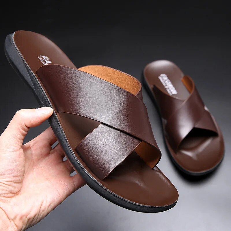 Men’s Cross Strap Leather Slides – Elegant Summer Comfort
