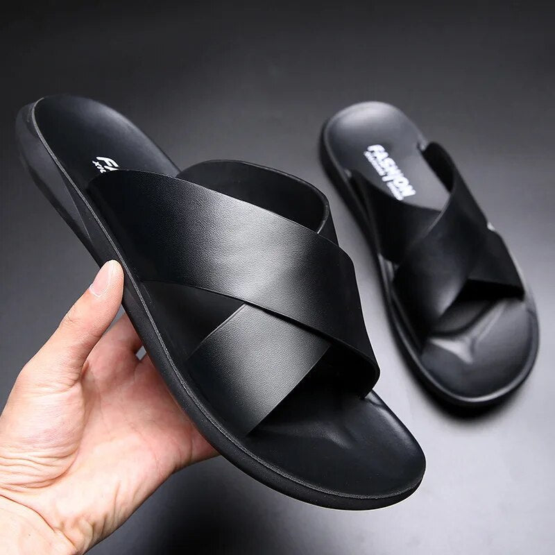 Men’s Cross Strap Leather Slides – Elegant Summer Comfort