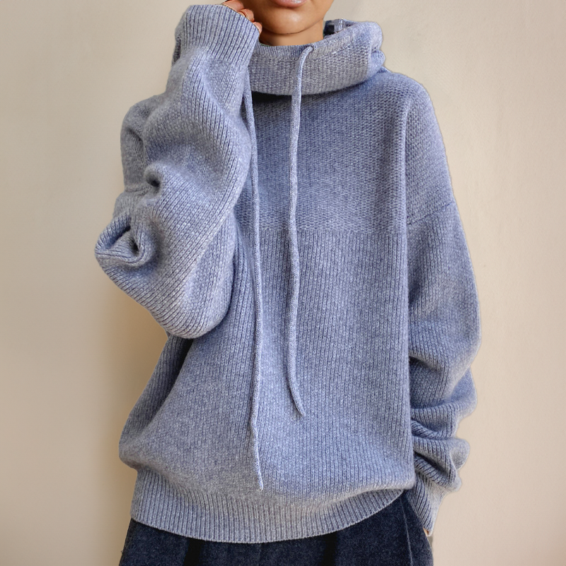 Oversized Knitted High-Neck Hoodie – Soft Casual Sweater with Drawstrings
