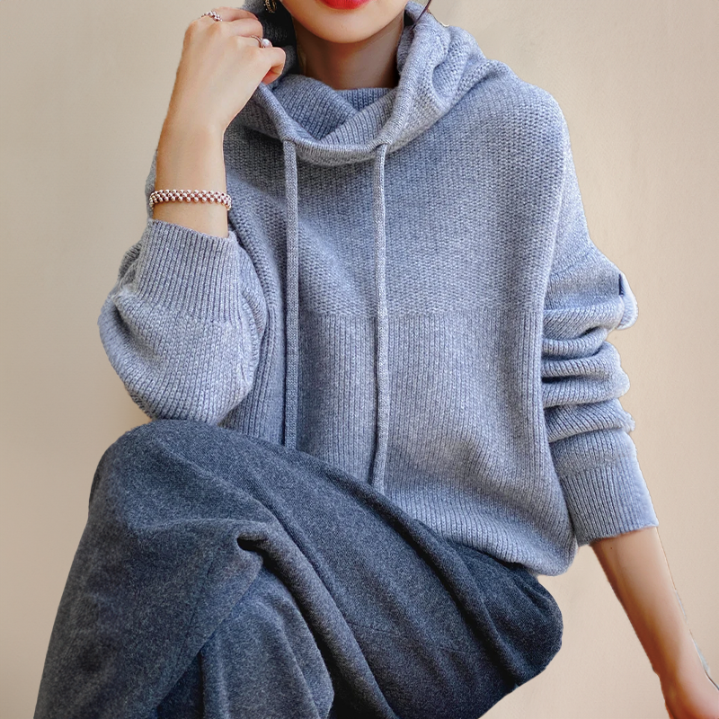 Oversized Knitted High-Neck Hoodie – Soft Casual Sweater with Drawstrings