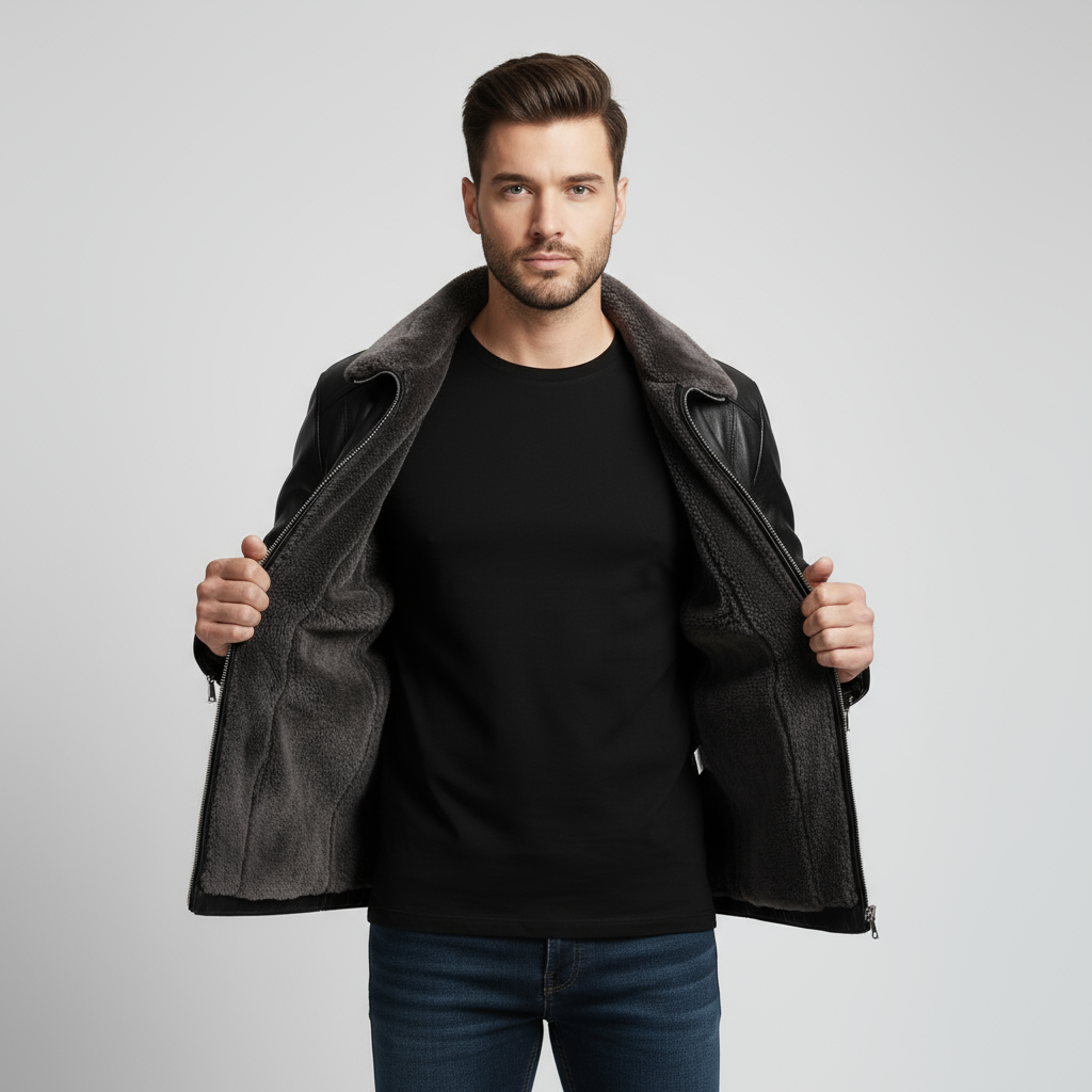 Men’s Leather Look Jacket with Shearling Collar – Premium, Warm & Timeless Style