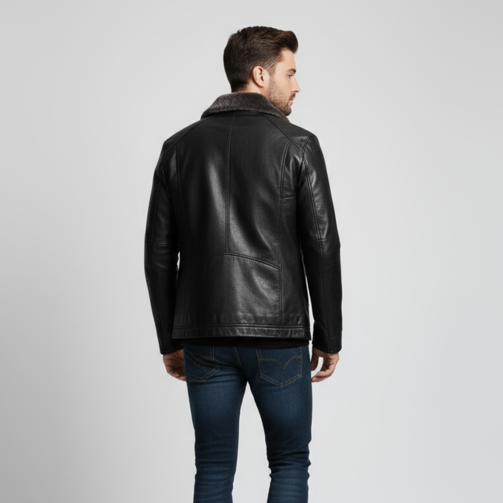 Men’s Leather Look Jacket with Shearling Collar – Premium, Warm & Timeless Style