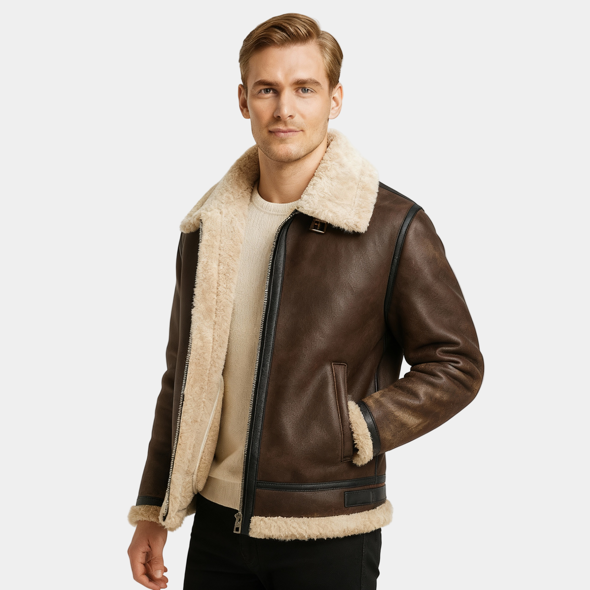 Men’s Faux Shearling Aviator Jacket – Warm, Premium Look & Winter-Ready