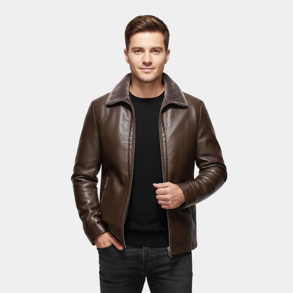 Men’s Leather Look Jacket with Shearling Collar – Premium, Warm & Timeless Style